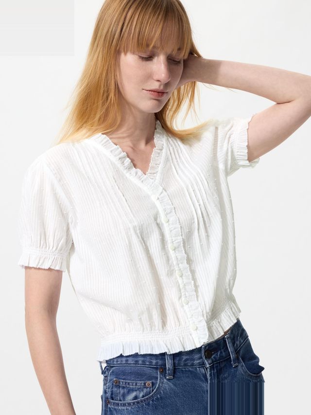 Cotton Dobby V Neck Blouse