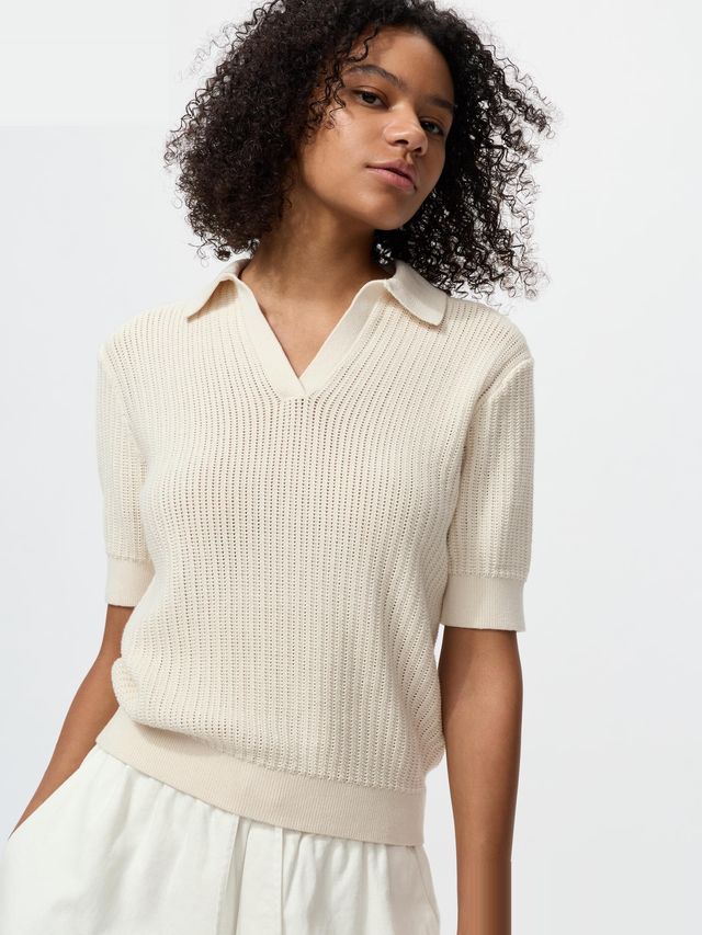 Cotton Pointelle Skipper Polo Sweater