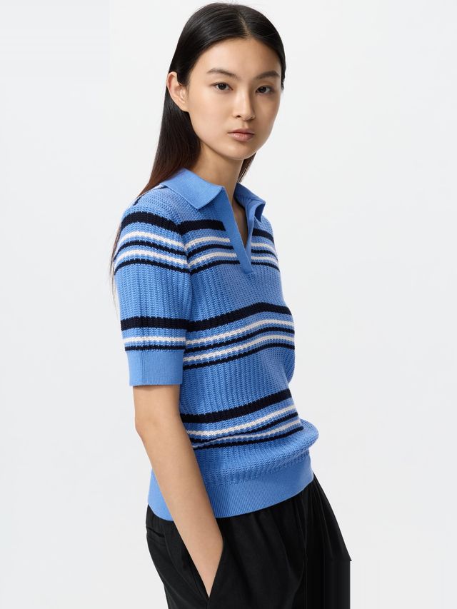Cotton Pointelle Skipper Polo Sweater