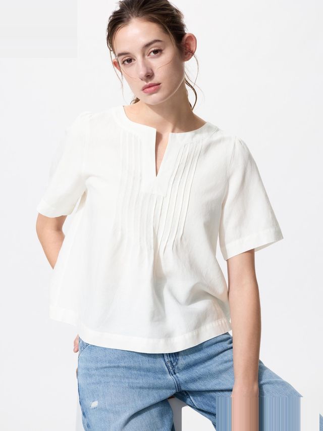 Linen Blend Key Neck Blouse Short Sleeve