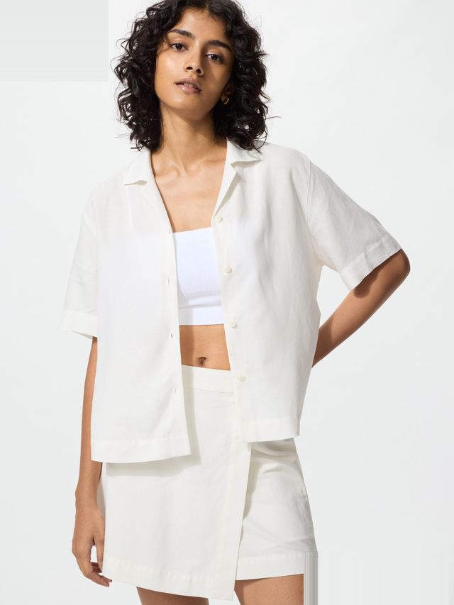 Linen Blend Open Collar Shirt Short Sleeve