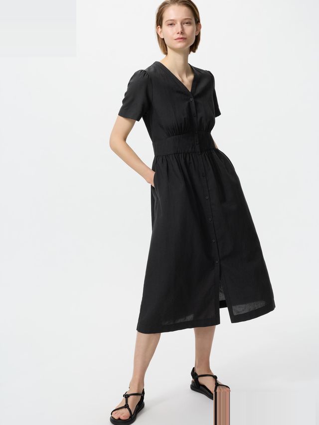 Linen Blend V Neck Dress