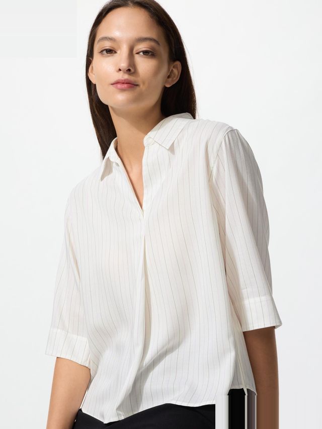 Rayon Skipper Collar Blouse 3/4 Sleeve Striped