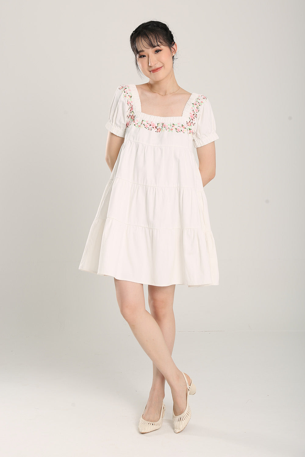 Aleeza Embroidered White Denim Mini Dress