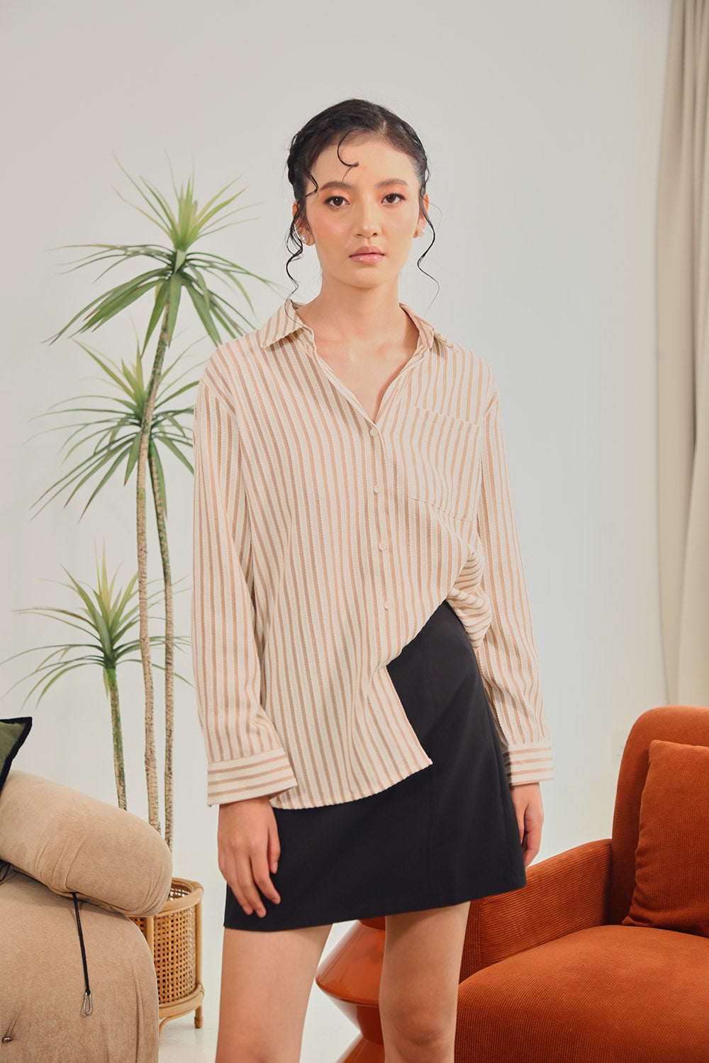 Amilea Striped Shirt in Oatmilk Beige