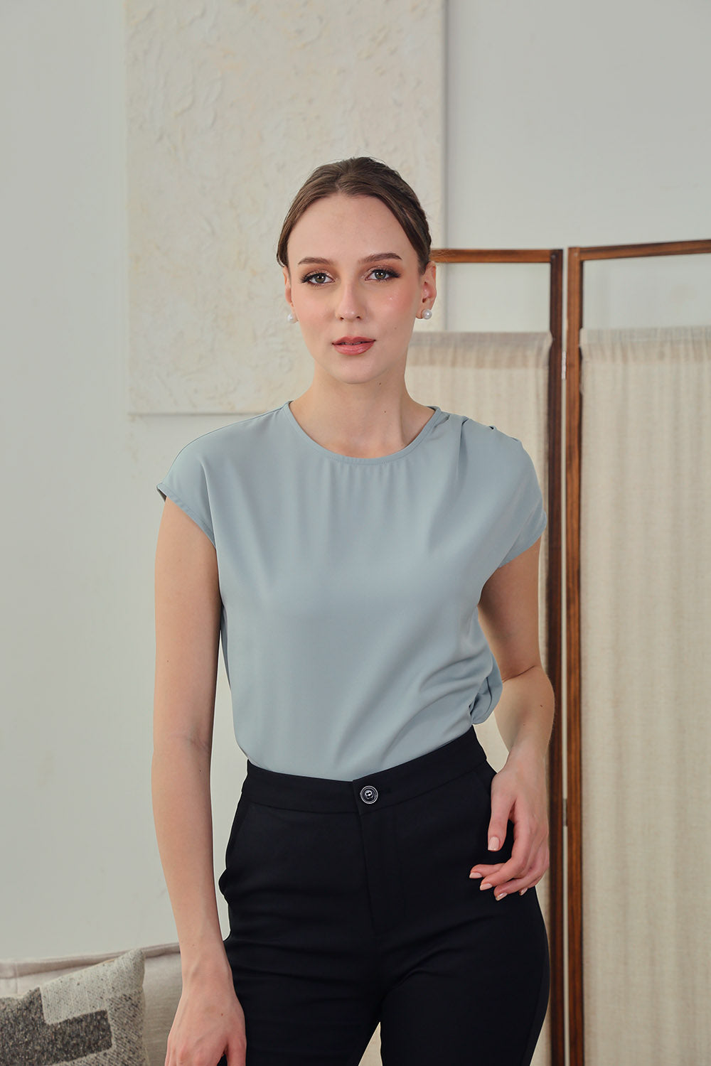 Arwen Pleated Shoulder Top in Misty Blue