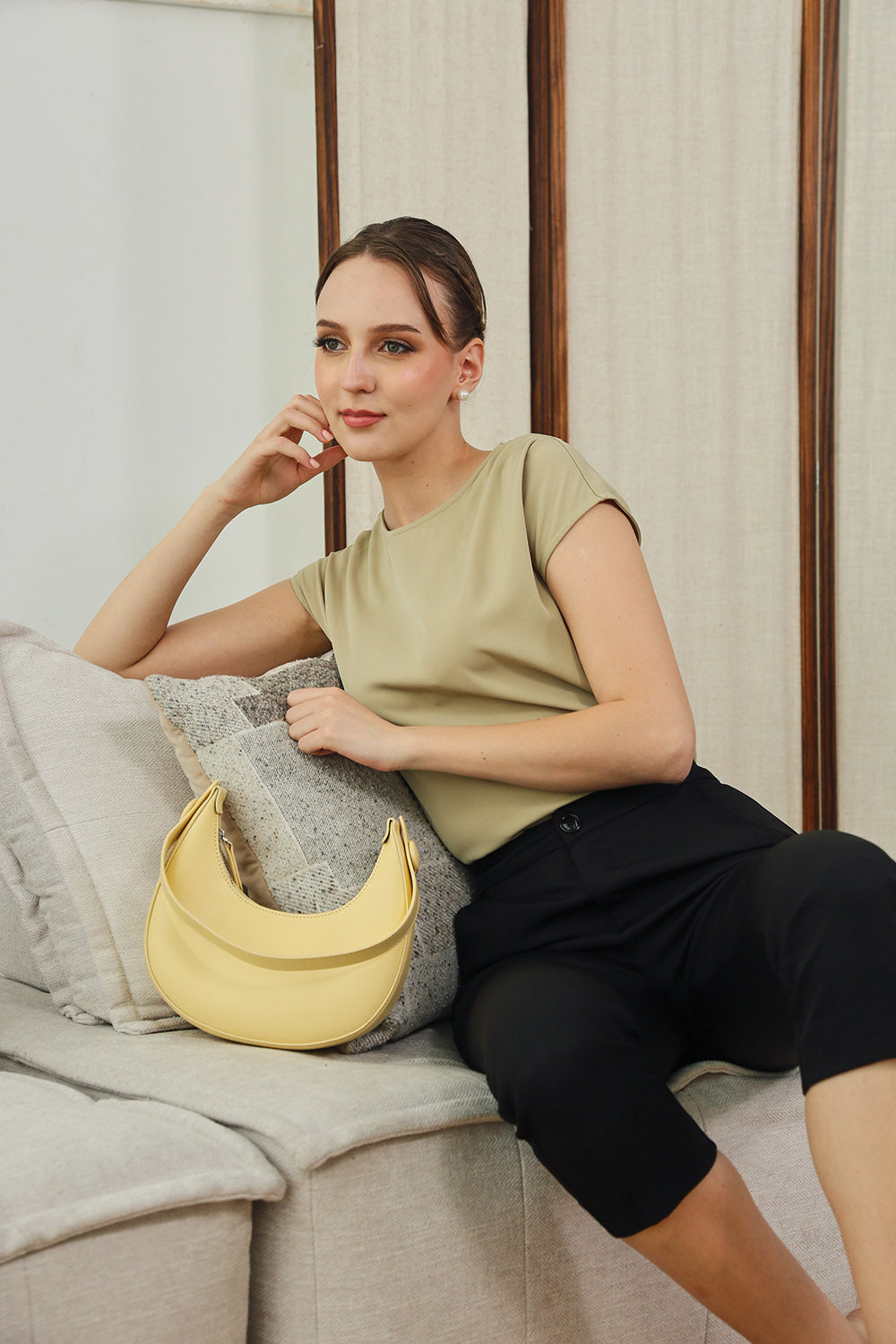 Arwen Pleated Shoulder Top in Soft Olive