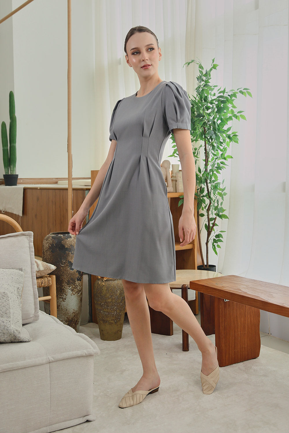 Aurelie Pleated Sleeve Dress in Gray