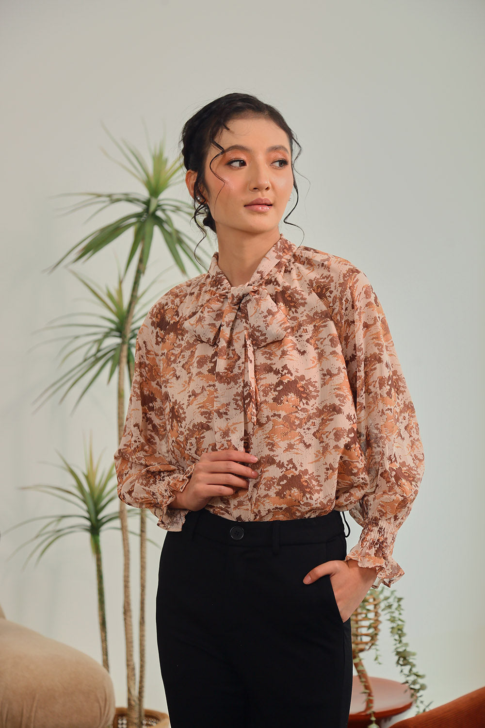 Aureline Tie-Neck Blouse in Burnt Sienna Floral