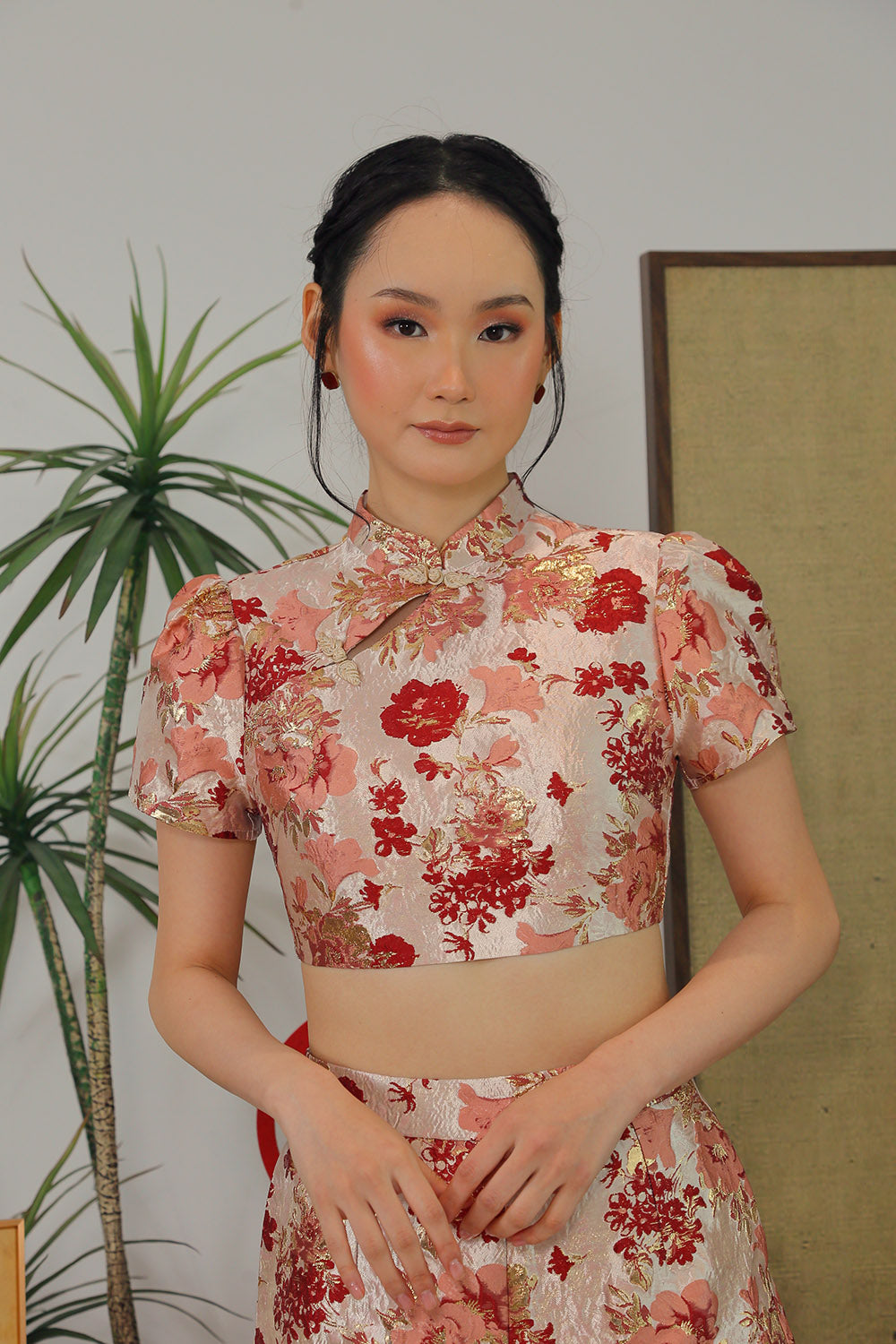 Celestine Brocade Mandarin Top in Rose Gold Floral
