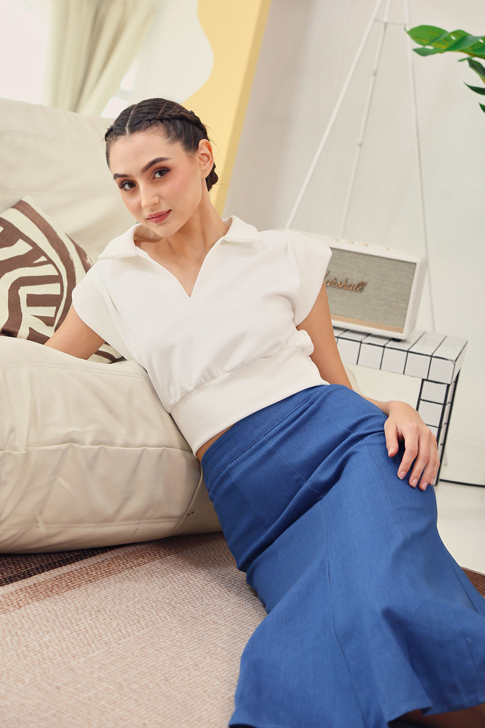 Celia Polo-Collar Top in White