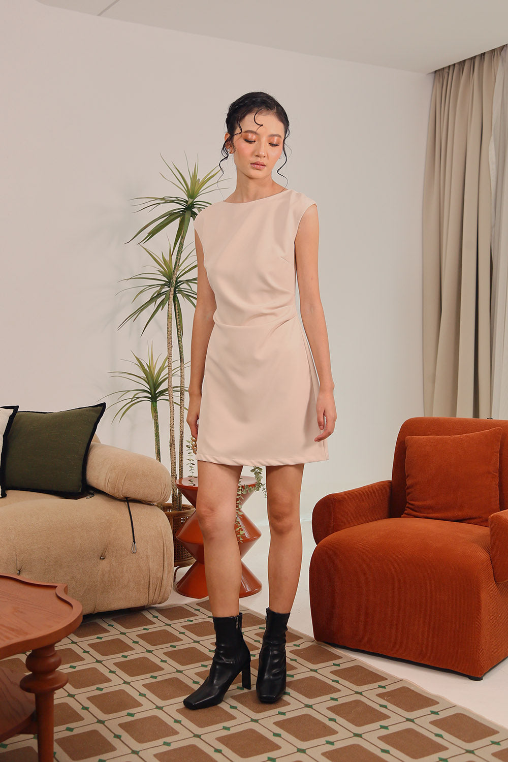 Celine Draped Waist Mini Dress in Nude Beige