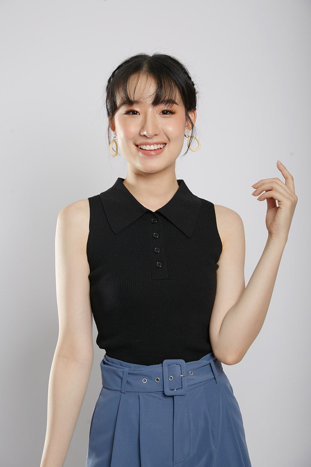 Channa Polo Collar Knit Top in Black