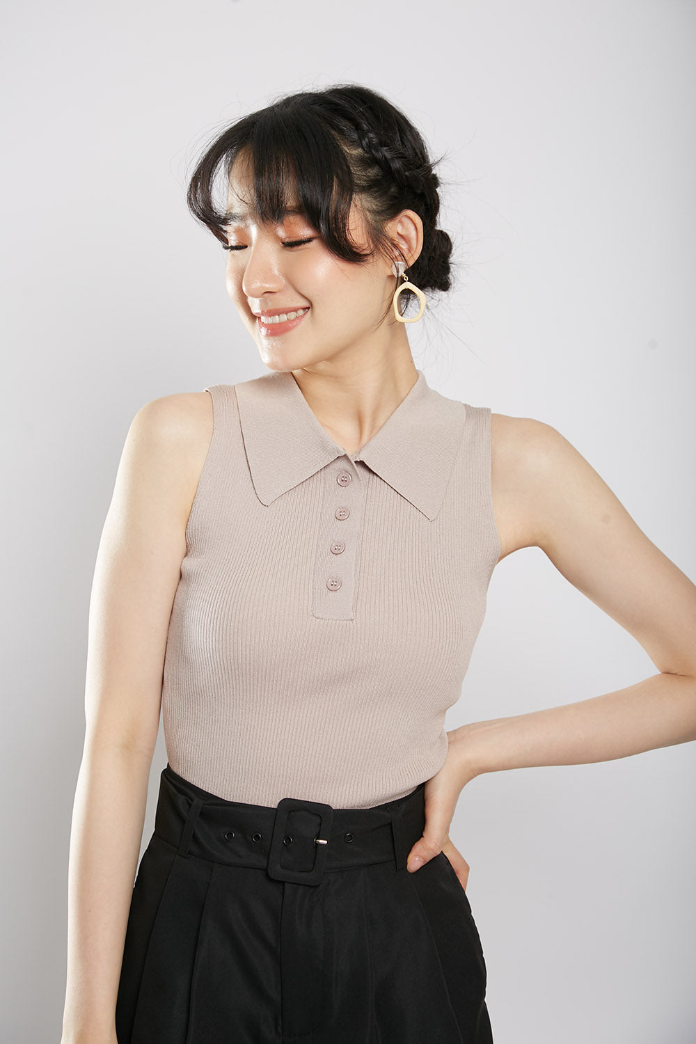 Channa Polo Collar Knit Top in Nude