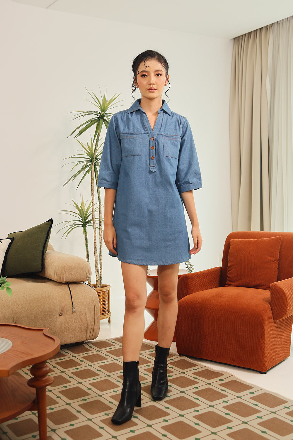 Ciely Collar Denim Shirt Mini Dress in Wash