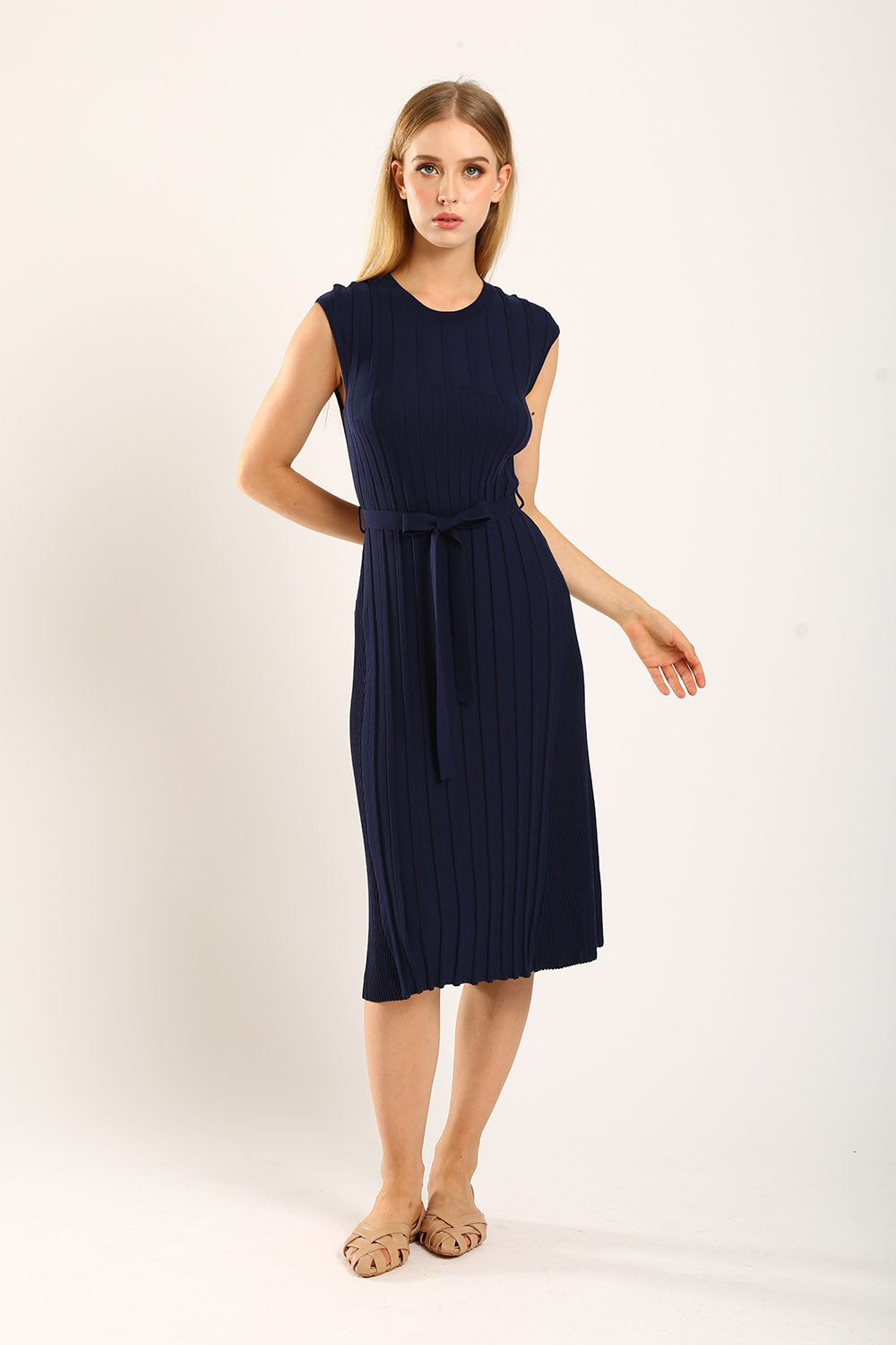 Ciera Texture Belted Knit Midi Dress in Navy Blue