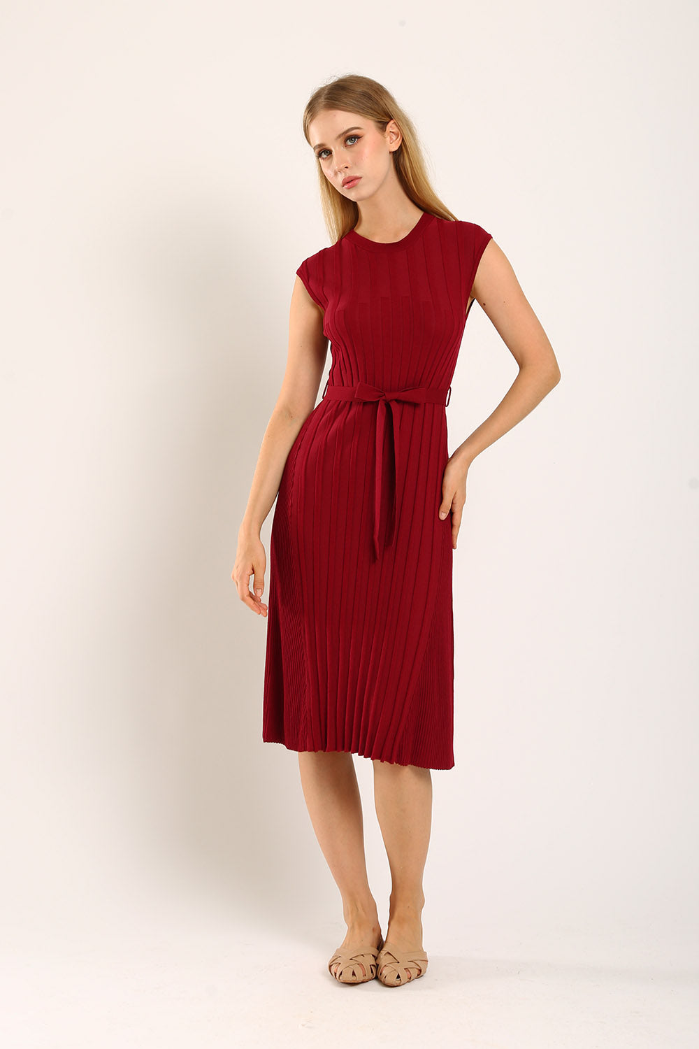 Ciera Texture Belted Knit Midi Dress in Red