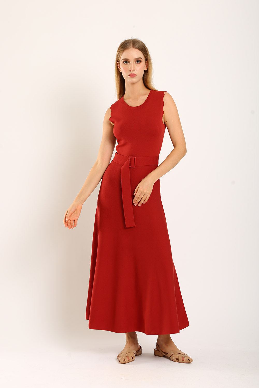 Clabelle Knit Belted Midi Dress in Brick Red