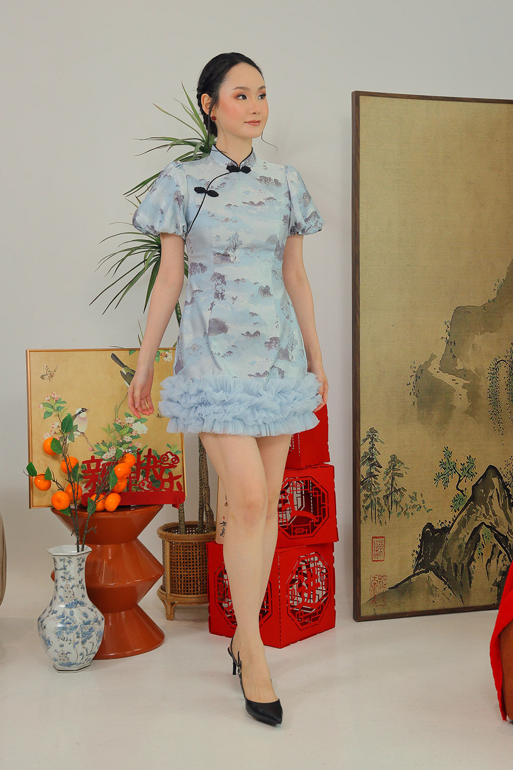Cloud Whisper Cheongsam Mini Dress in Sky Mist Blue