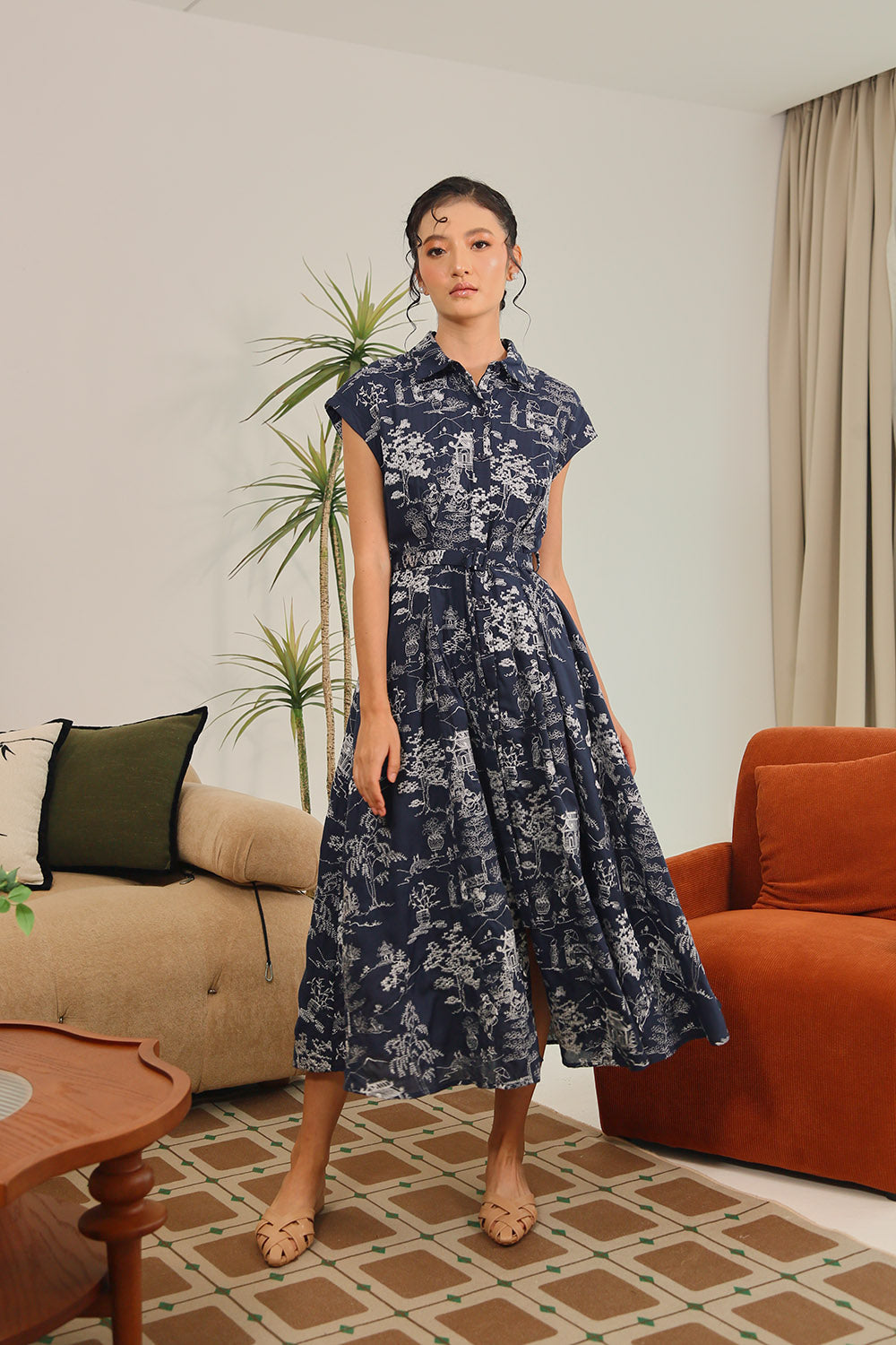 Dezza Midi Dress in Navy Blue Scenic Embroidery