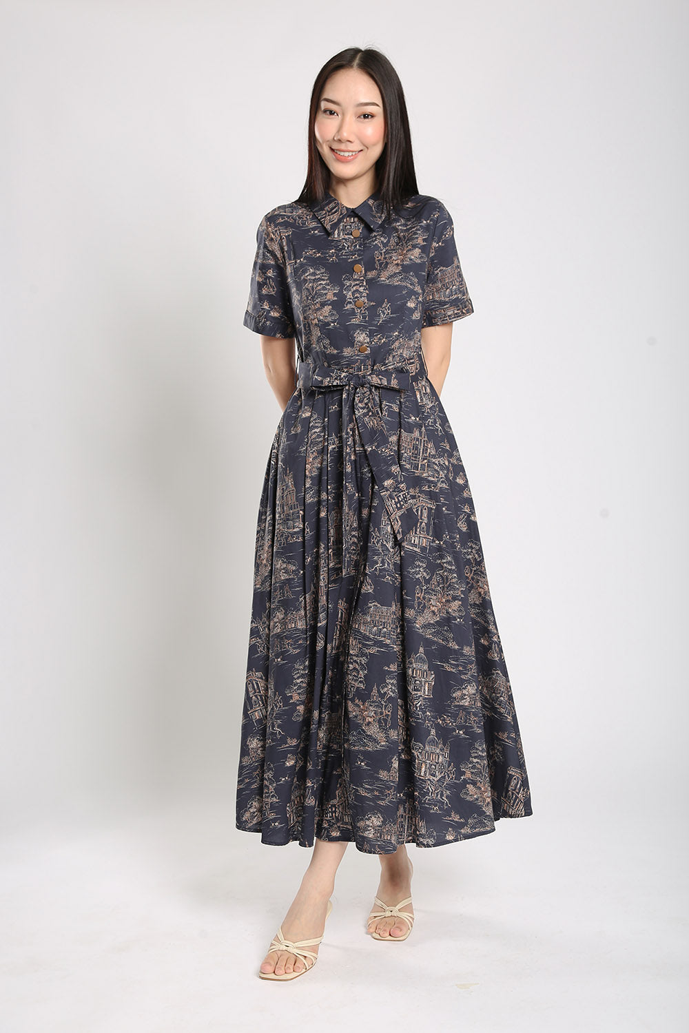 Erinn Collar Maxi Printed Dress in Navy Blue Floral