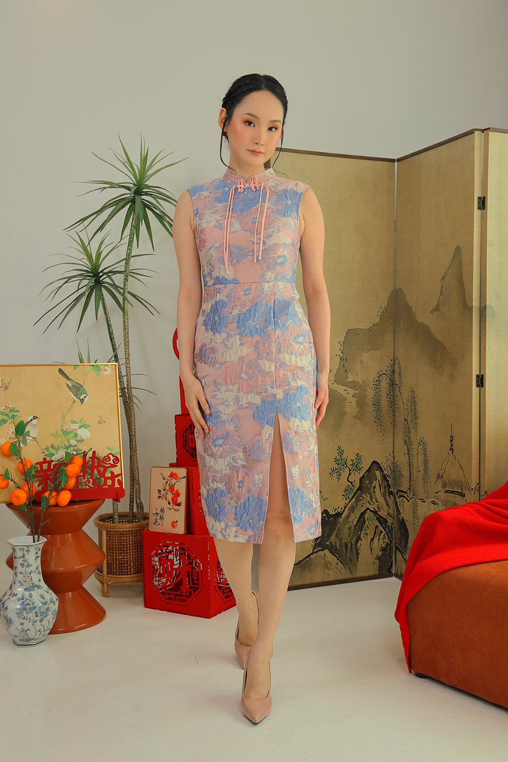 Fortune Cloud Cheongsam Midi Dress in Blush Bloom