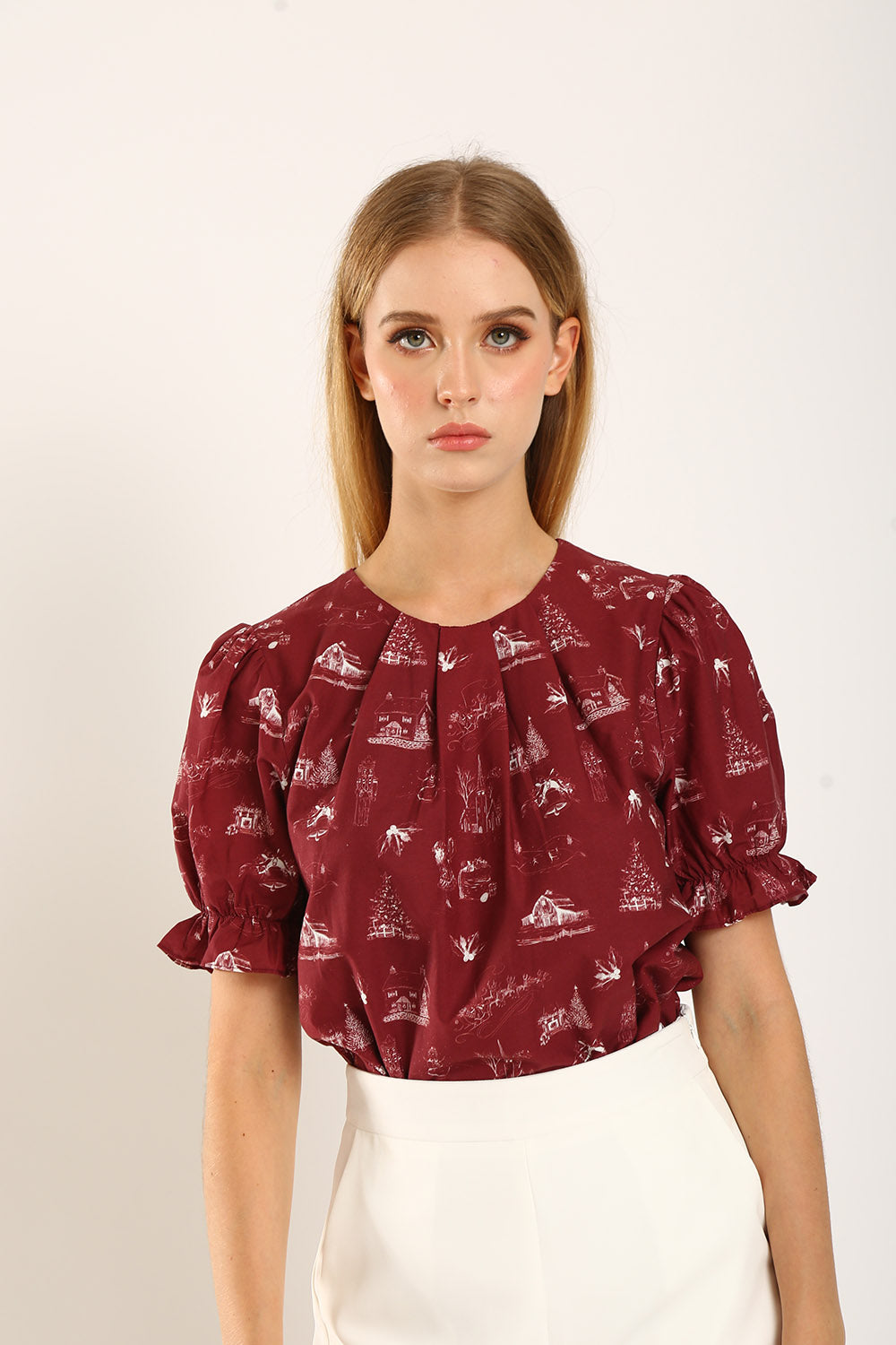 Geia Holiday-Inspired Blouse with Red Festive Print