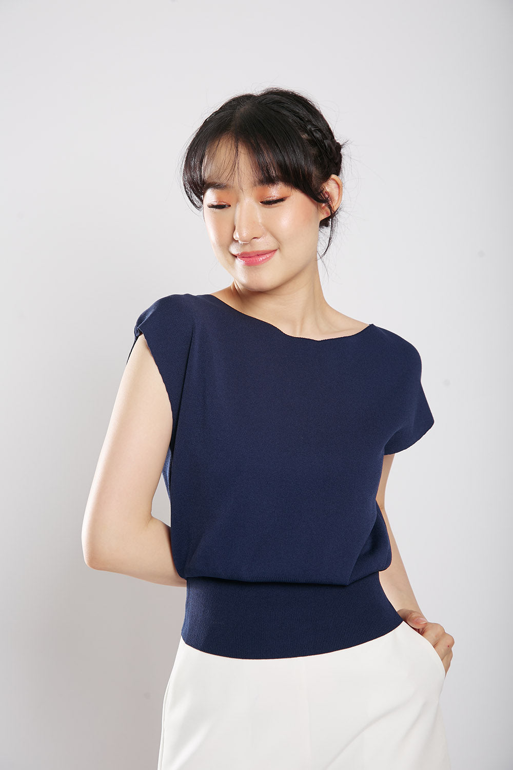 Graciela V-Slit Knit Top in Navy Blue