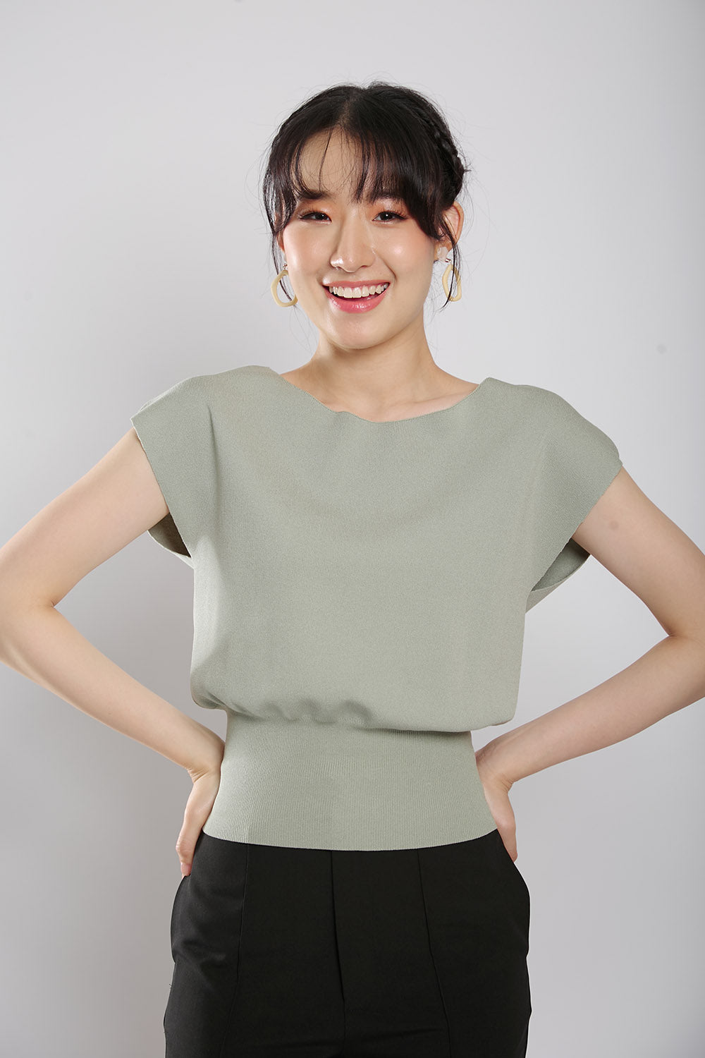 Graciela V-Slit Knit Top in Sage Green
