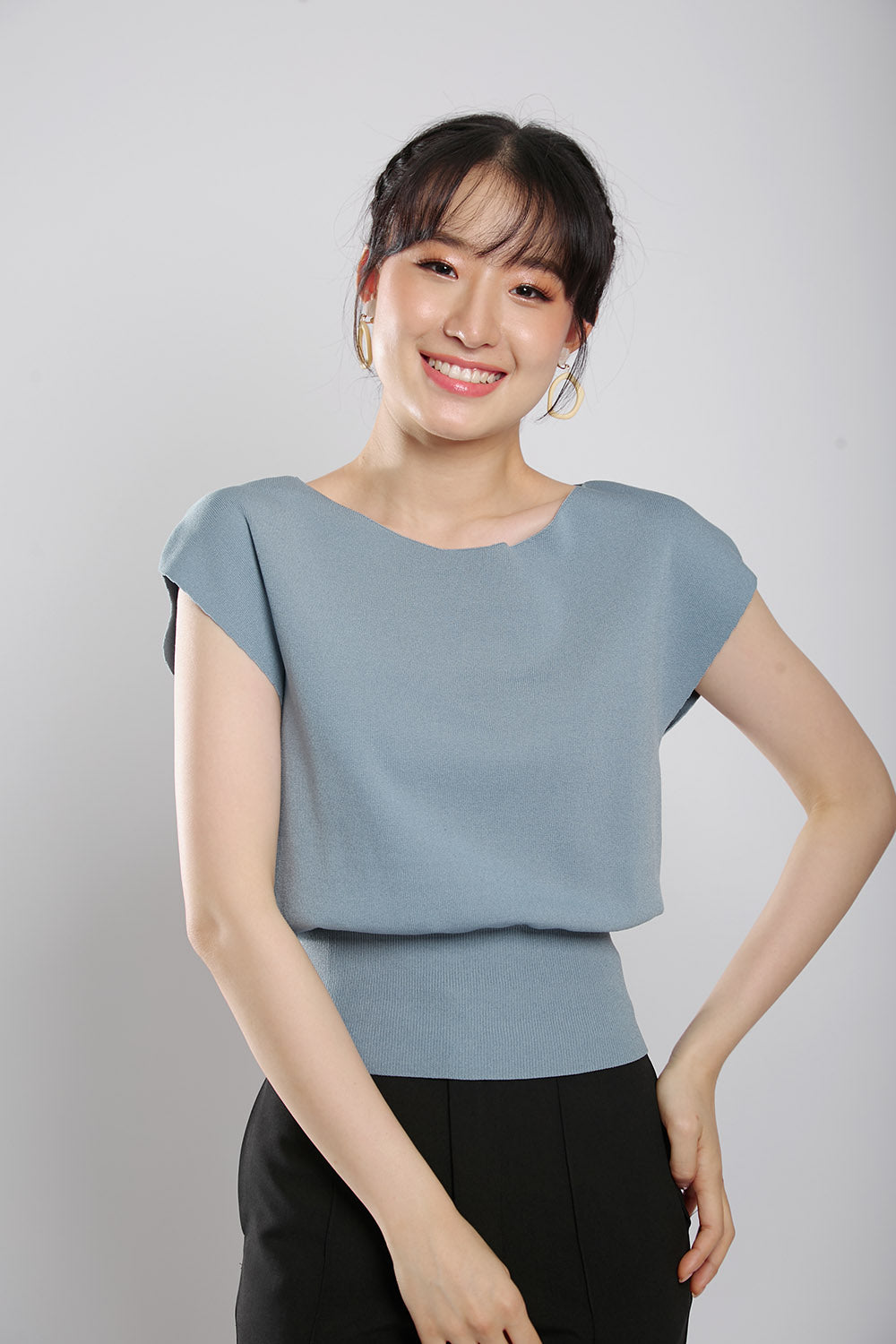 Graciela V-Slit Knit Top in Slate Blue