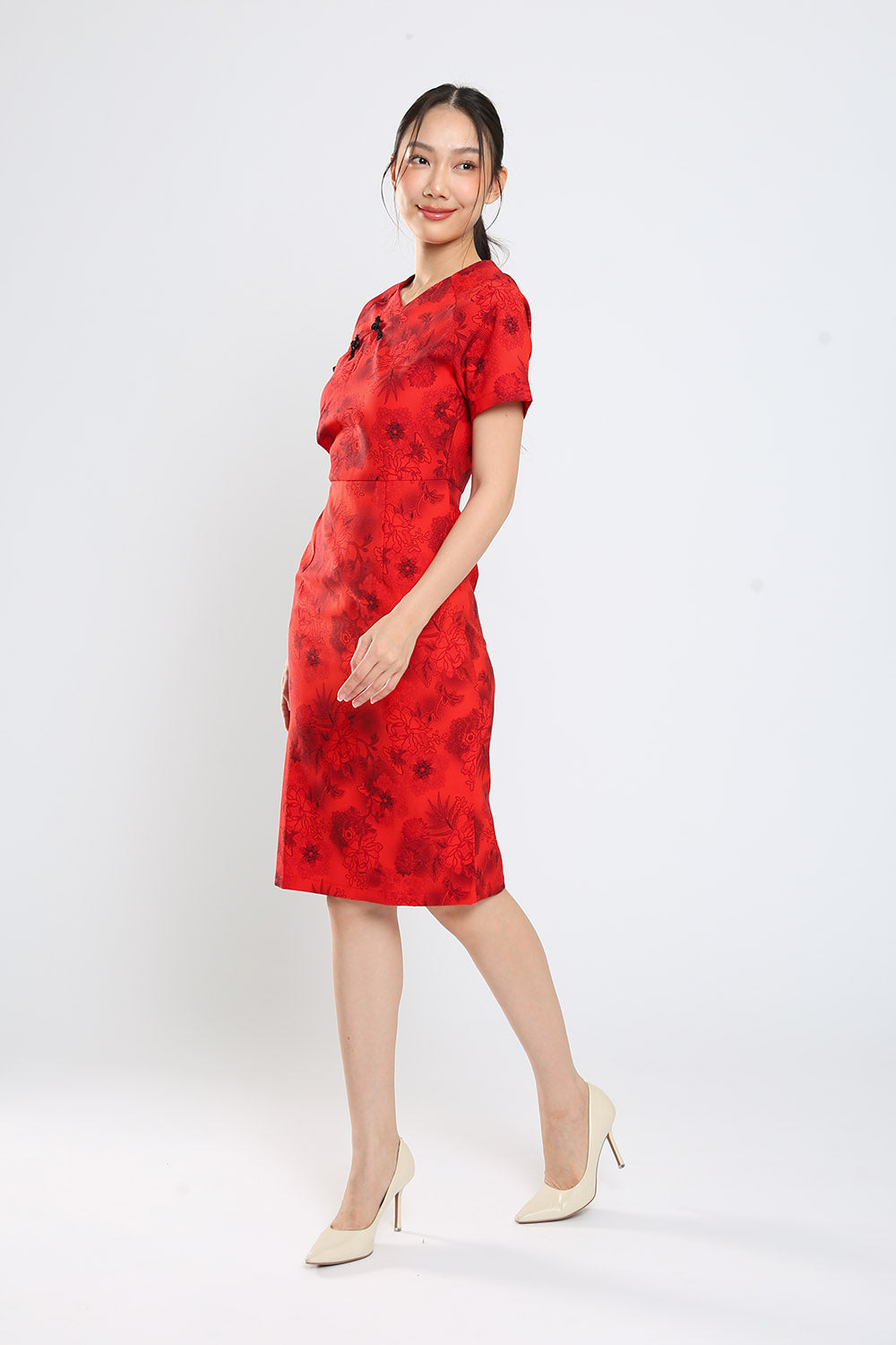 Hensely Light Floral Print Cheongsam Midi Dress In Red