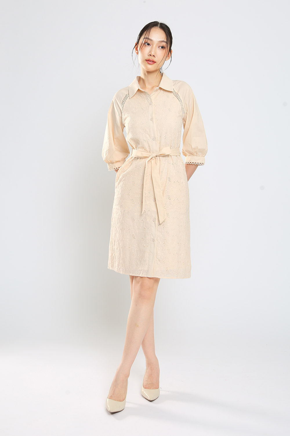 Jesse Midi Shirt Dress in Apricot Eyelet