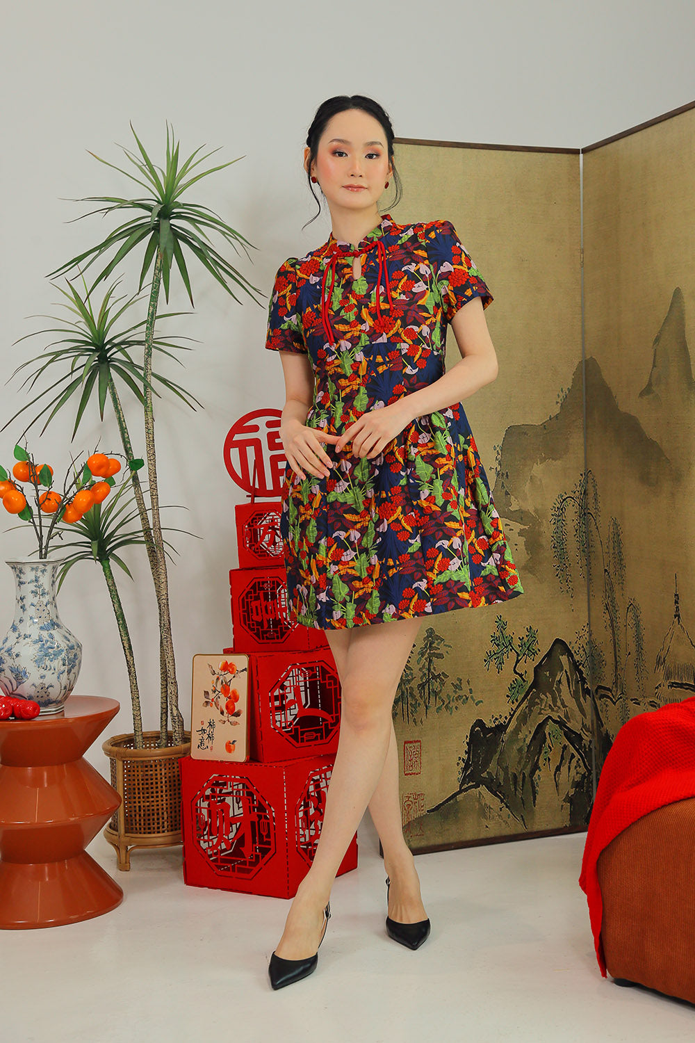 Marivelle Floral Cheongsam Mini Dress in Midnight Bloom