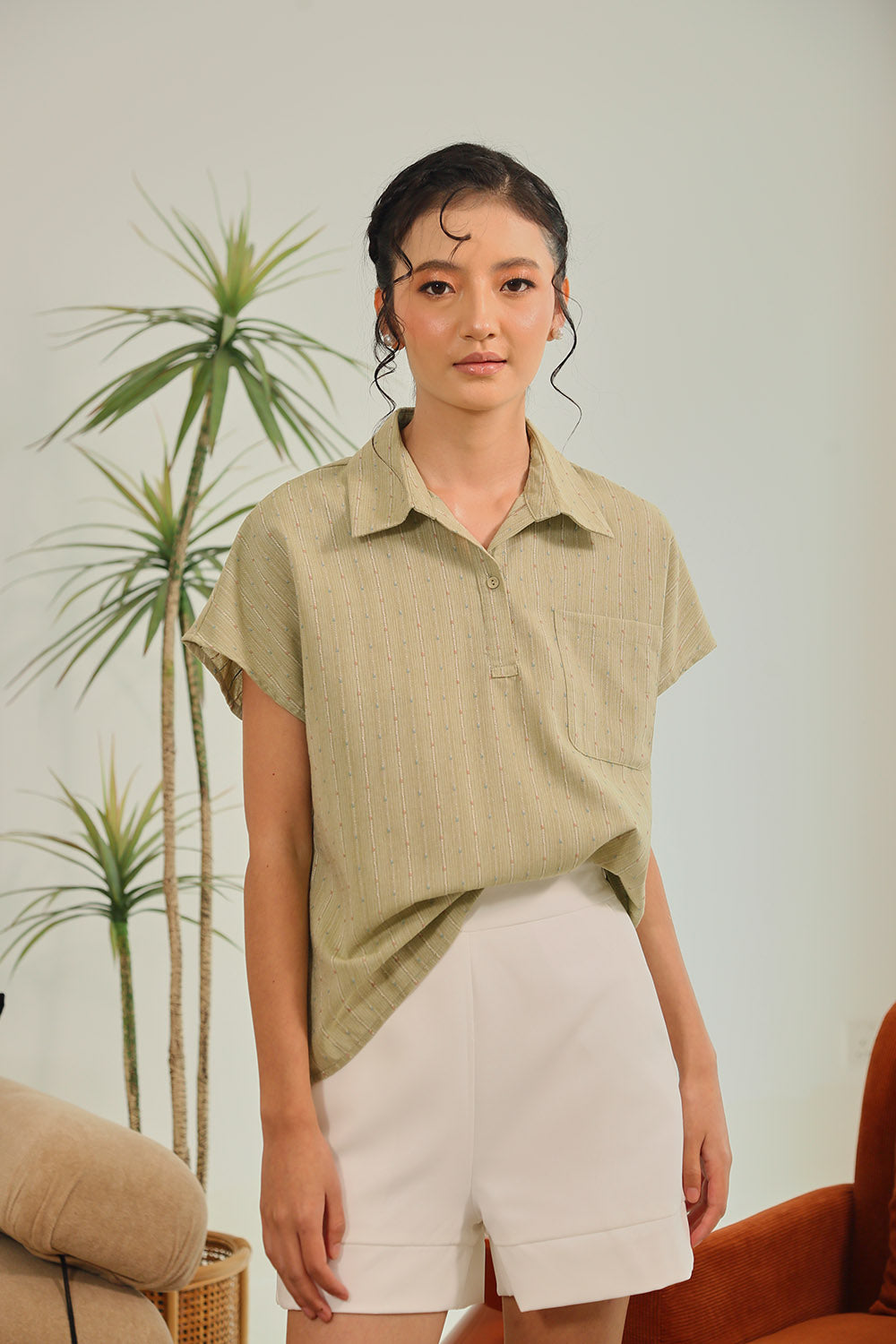 Marlen Collared Textured Top in Sage Green