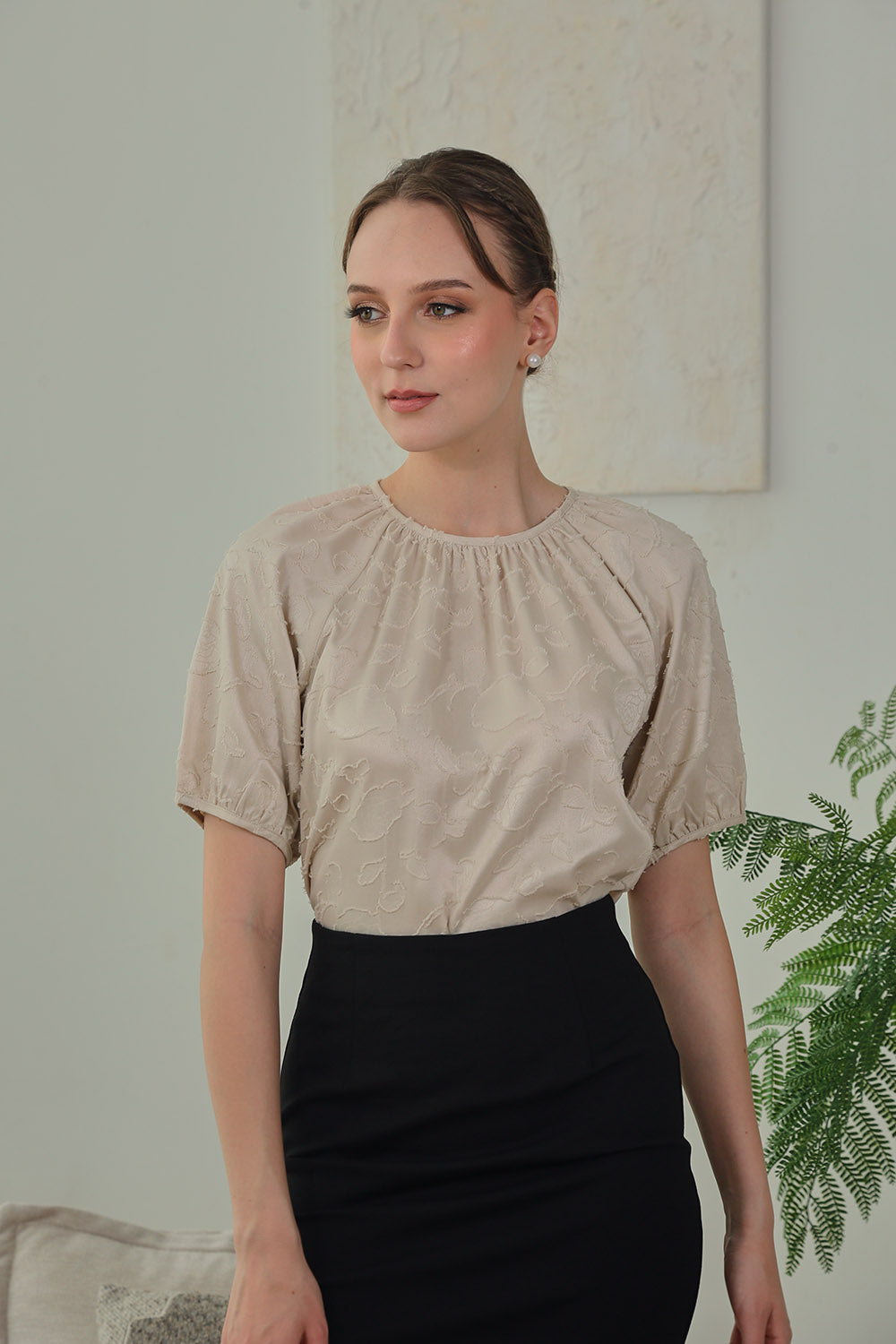 Melina Jacquard Puff Sleeve Top in Soft Sand