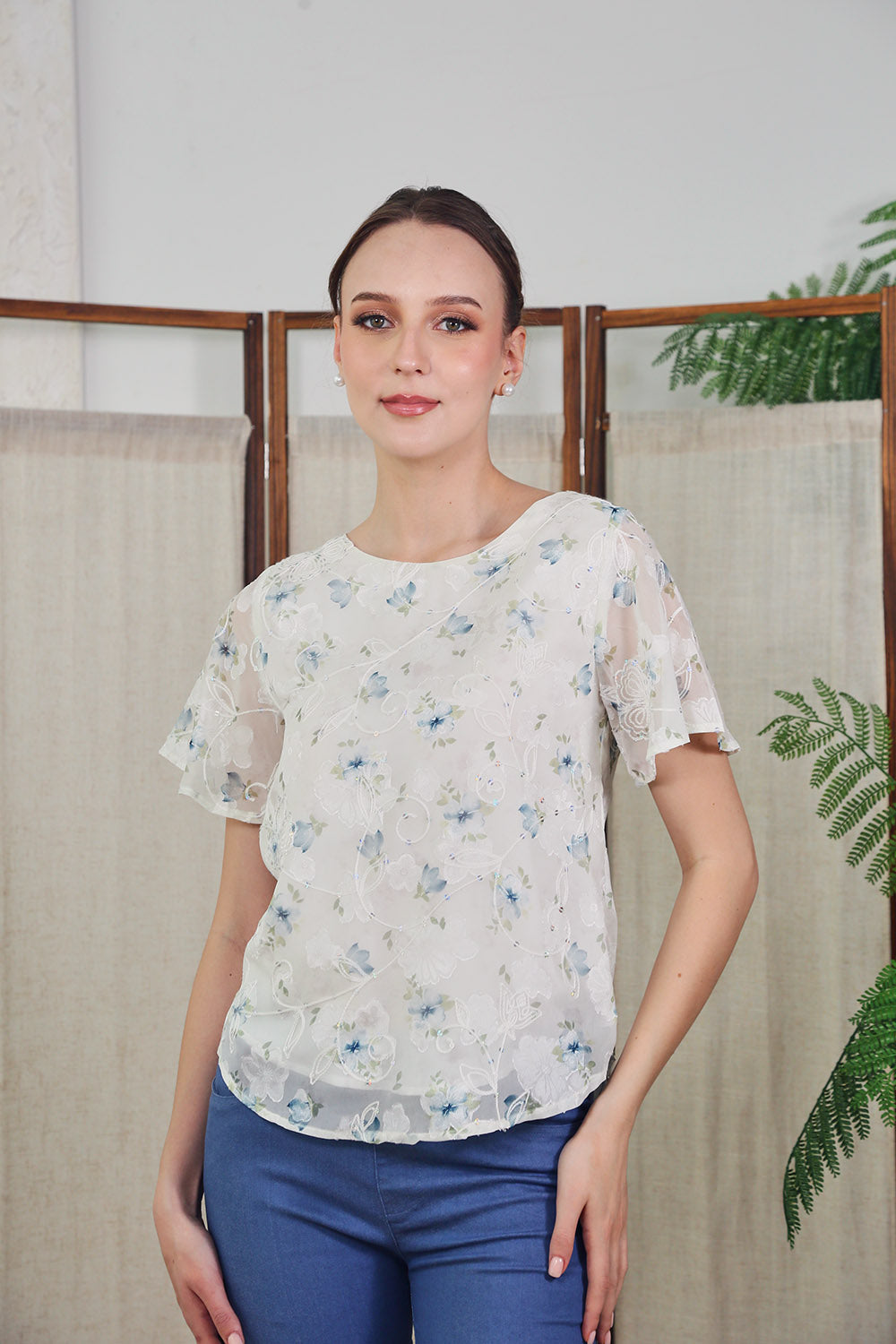 Milaf Embroidered Mesh Blouse in Soft Blue Floral