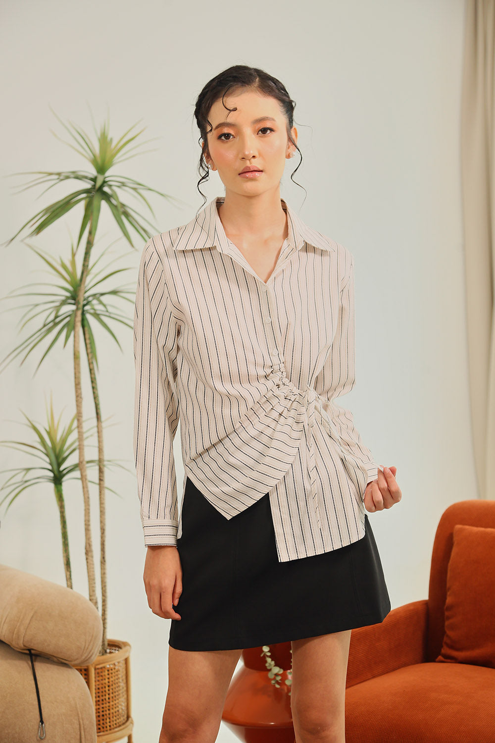 Narela Ruched Stripe Shirt in White