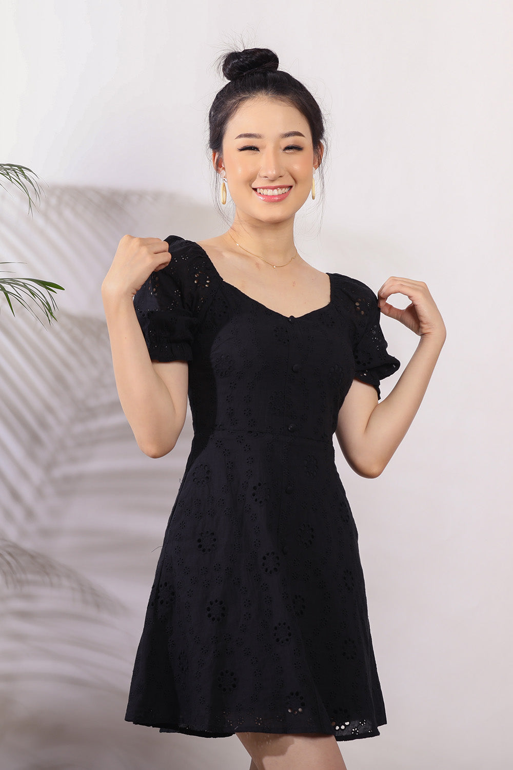 Nerice Eyelet Mini Dress in Black