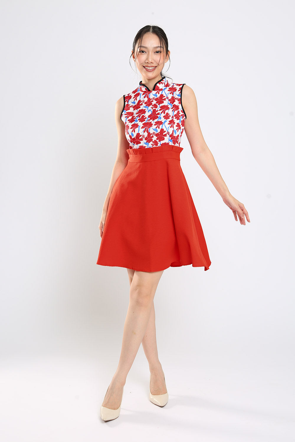 Paveka Floral Cheongsam Mni Dress In Red