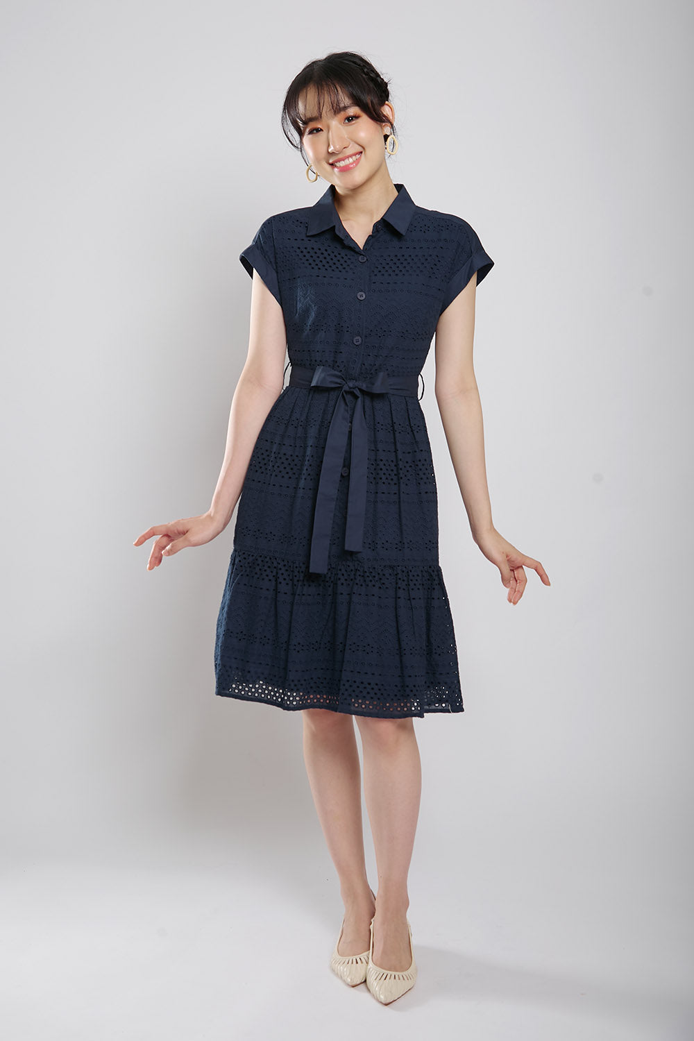Poleen Midi Dress in Navy Blue Eyelet